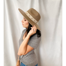 Load image into Gallery viewer, Taupe wool flat wide brim hat with floral embroidered trim 
