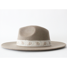 Load image into Gallery viewer, Taupe wool flat wide brim hat with floral embroidered trim 
