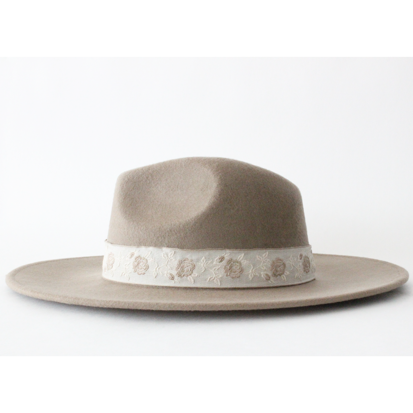 Taupe wool flat wide brim hat with floral embroidered trim 
