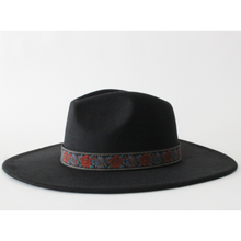Load image into Gallery viewer, Women&#39;s Black Wide Brim Panama Felt hat with Red Rose Embroidered Ribbon Trim 
