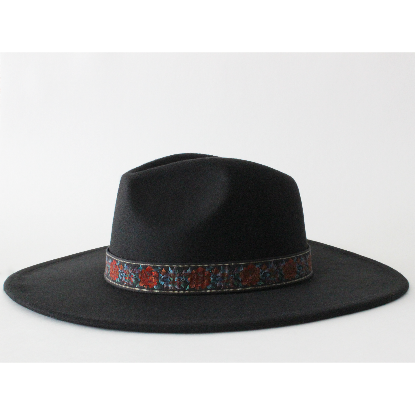 Women's Black Wide Brim Panama Felt hat with Red Rose Embroidered Ribbon Trim 