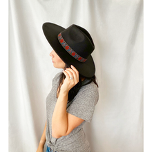 Load image into Gallery viewer, Women&#39;s Black Wide Brim Panama Felt hat with Red Rose Embroidered Ribbon Trim
