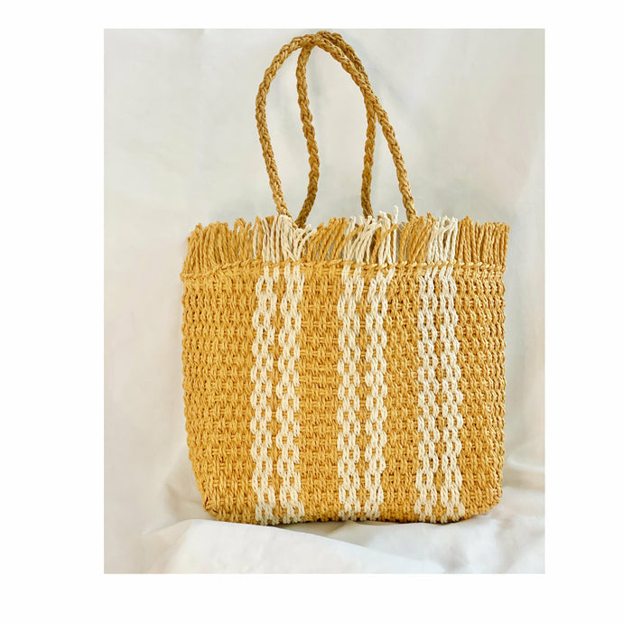 mustard color tote straw bag purse with fringe on top
