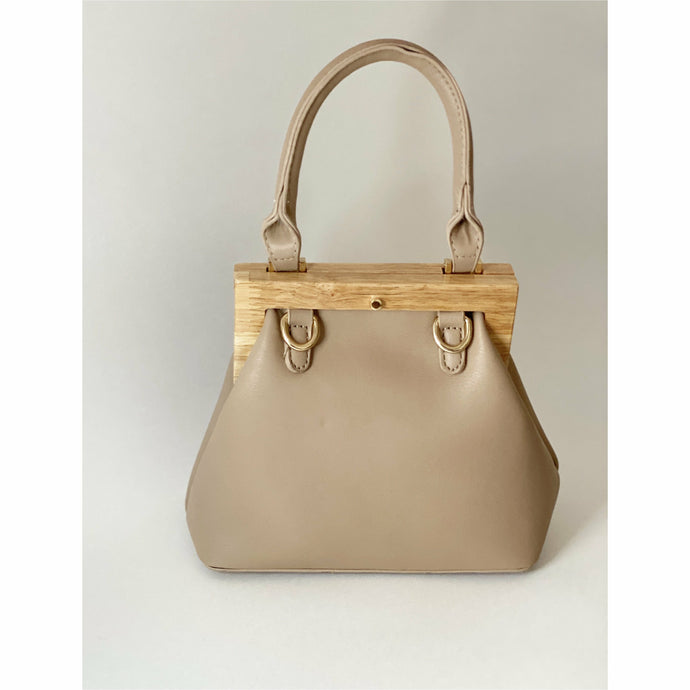 Small beige frame purse with wood clasp 